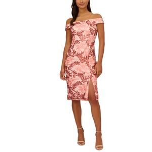 Adrianna Papell Sequin Off the Shoulder Cocktail Dress Pink Floral Midi Sheath